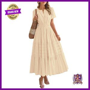 Lightweight Midi Dress with Pockets, Elastic Waist, V-Neck, Short Sleeve